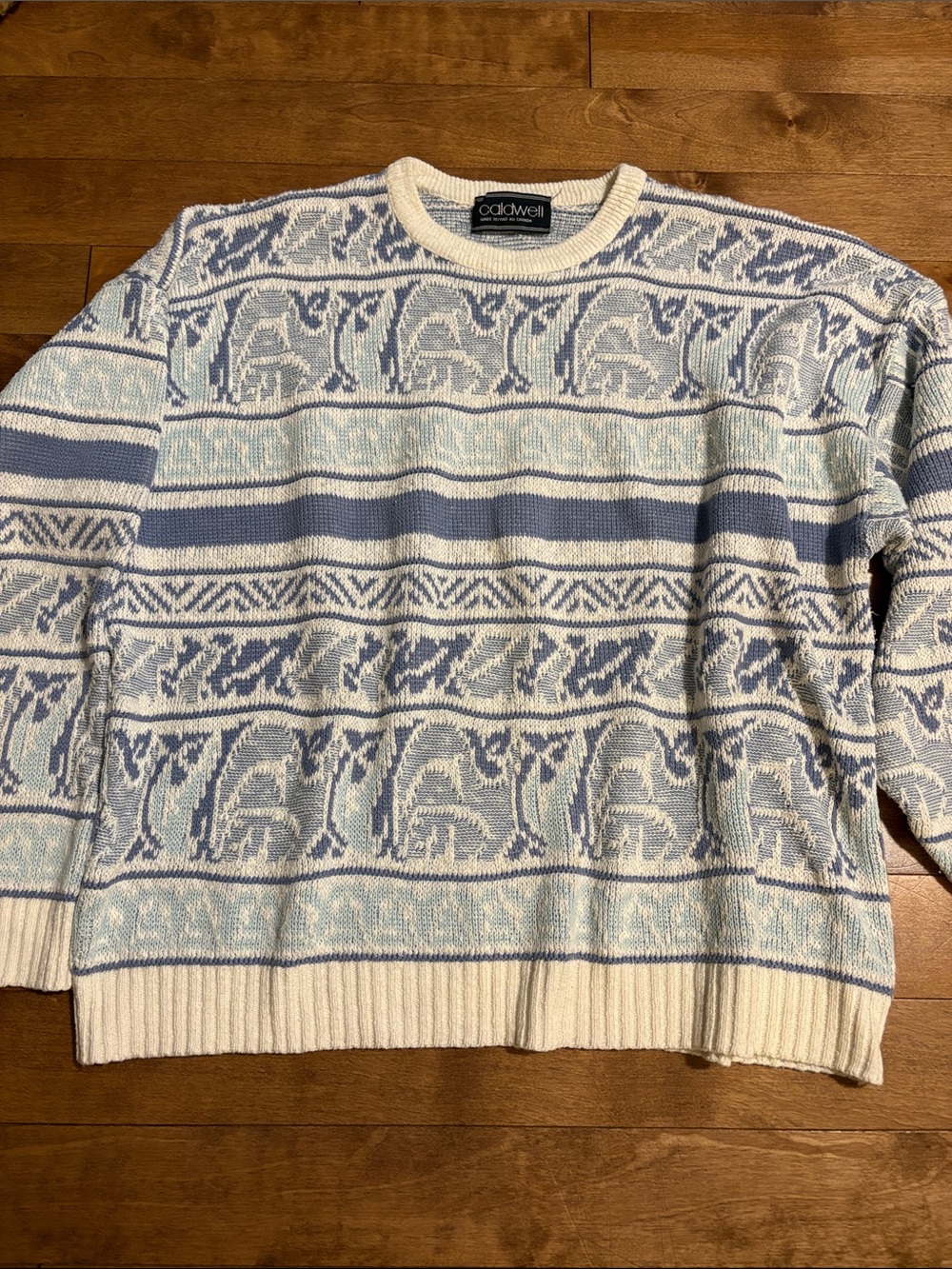 Vintage Men's Cream & Light Blue Geometric Cotton Crewneck Sweater